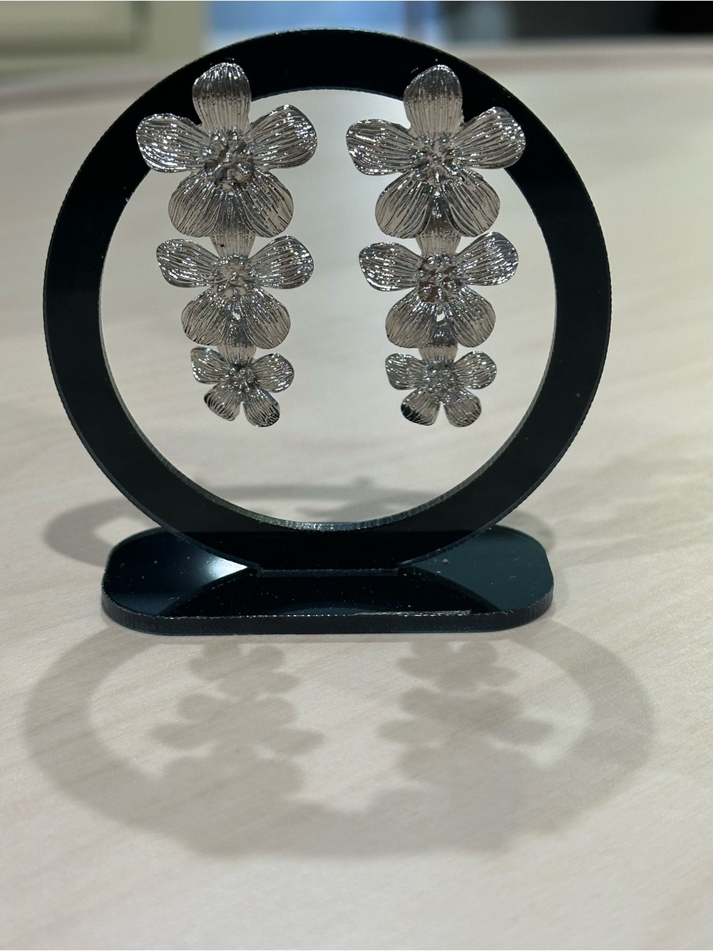 Silver-Tone Floral Three Tier Cascading Drop Earrings (Unmarked)